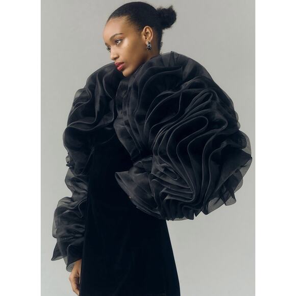 By Anthropologie Ruffle Drama Sleeve Shrug Black NWT One Size Statement Runway - Picture 1 of 16